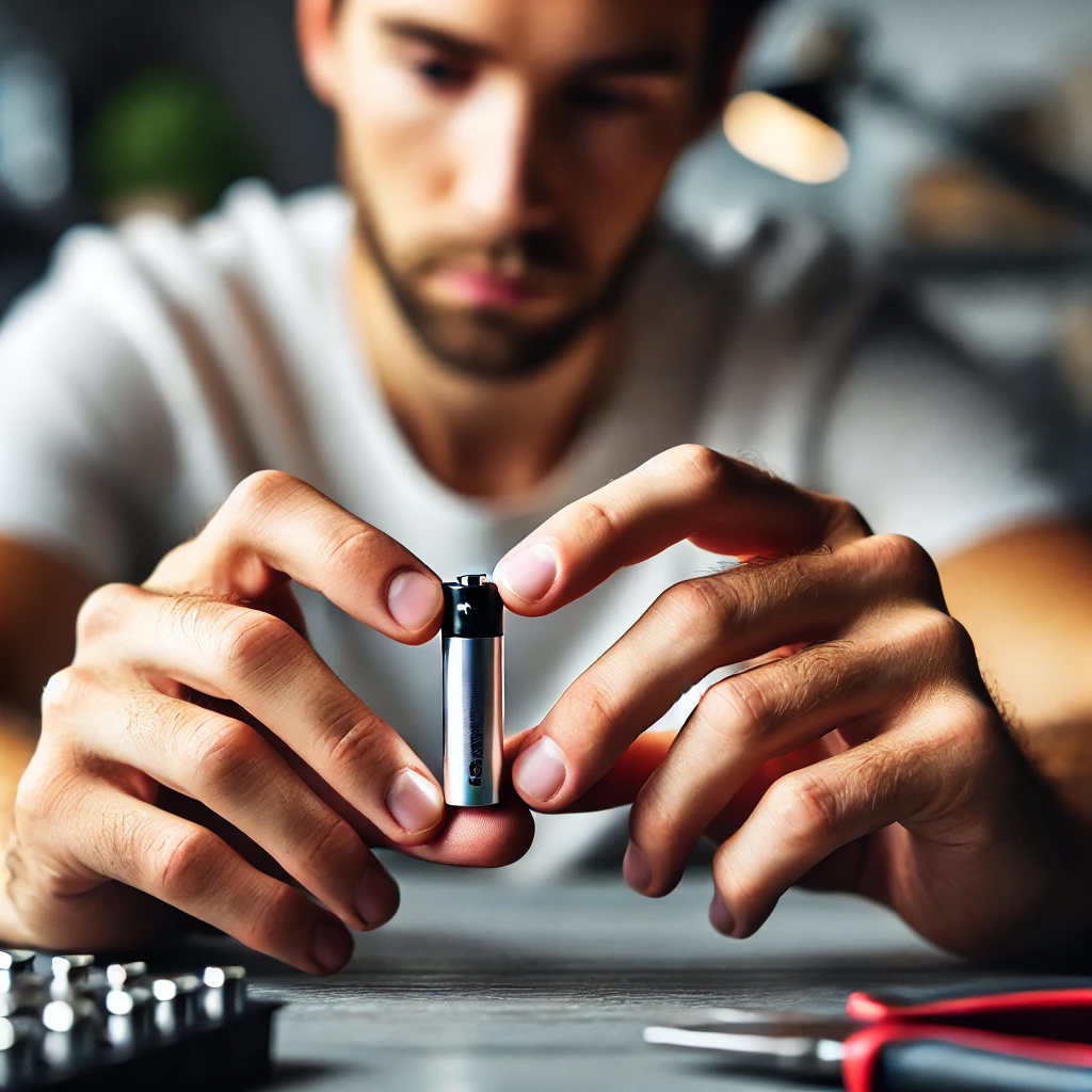 DALL·E 2024 07 12 10.32.29 Close up view of hands handling a lithium battery. The hands are of a 30 year old man with a focused careful grip on the small lithium battery. The b